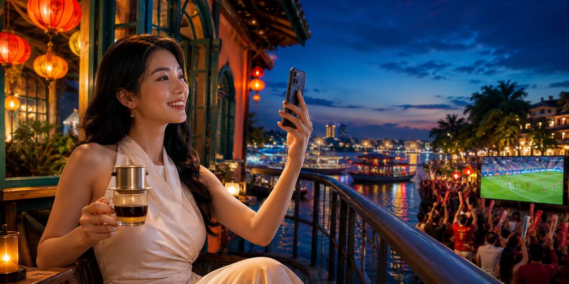 Người dùng Hà Nội tra cứu xổ số miền Bắc trên điện thoại bên cốc cà phê trứng buổi sáng