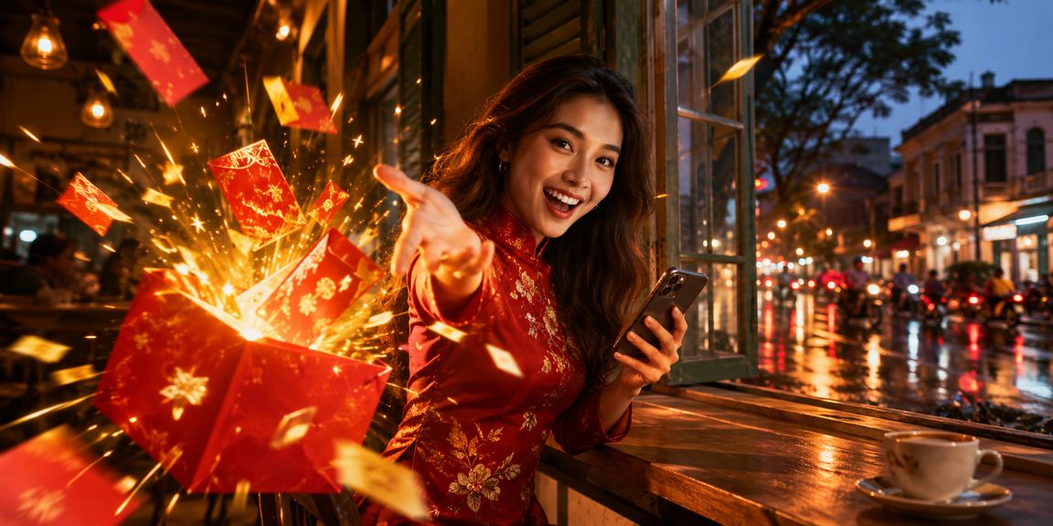 Người dùng TP.HCM mở phong bì đỏ may mắn trong không khí lễ hội, kiểm tra xổ số online bên ly cà phê
