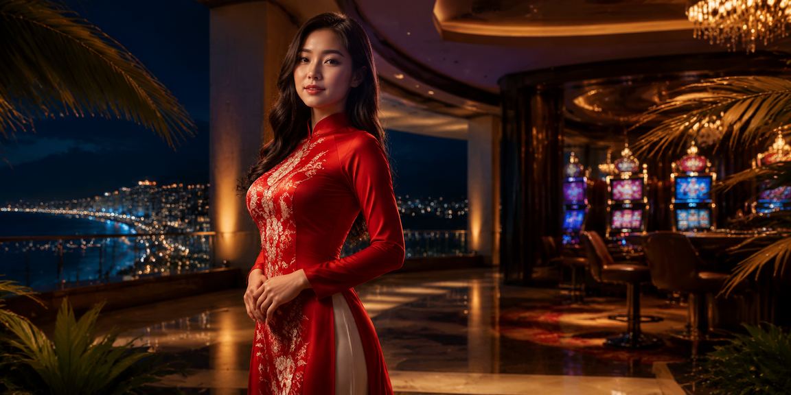 Người phụ nữ mặc áo dài chơi casino trực tuyến trên bãi biển Nha Trang buổi tối